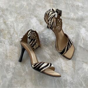 Calf Hair Zebra Print Cut Out Detailed Ankle Strap & Stitch Trim Heels